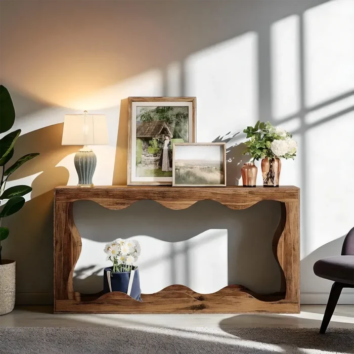 Entryway Table Solid Wood Wave Grain Gloss Farmhouse
