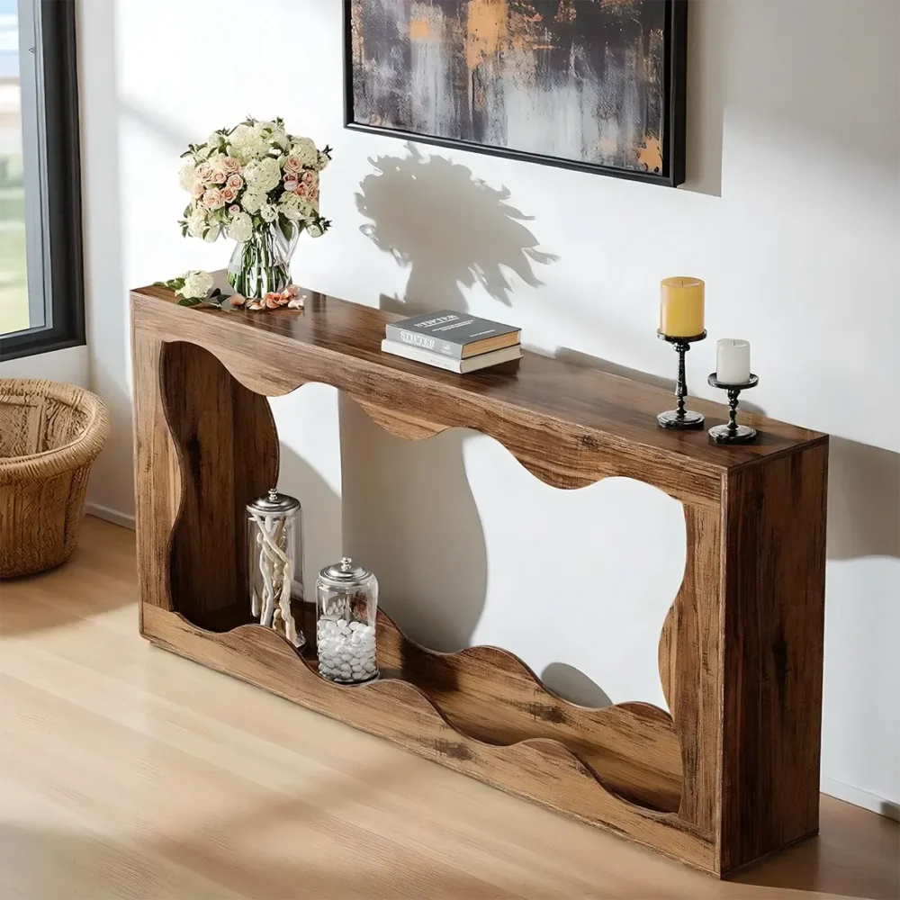 Entryway Table Solid Wood Wave Grain Gloss Farmhouse - Image 3