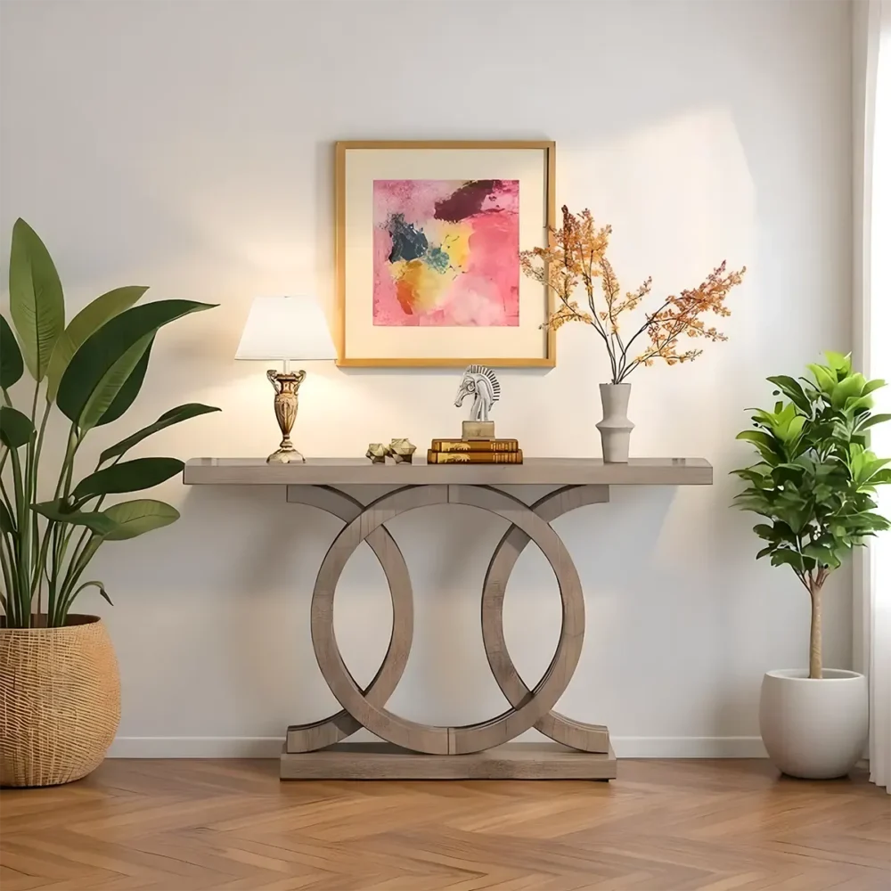 Sofa Table Light Wood Twin Circle Base Modern - Image 2