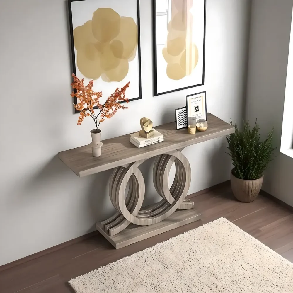Sofa Table Light Wood Twin Circle Base Modern - Image 4