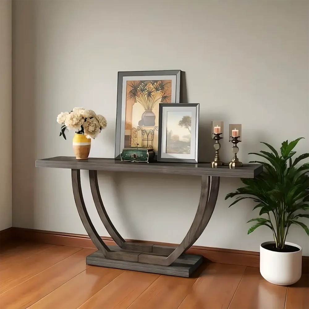 Hallway Table Wood Symmetric Curved Legs Modern - Image 2
