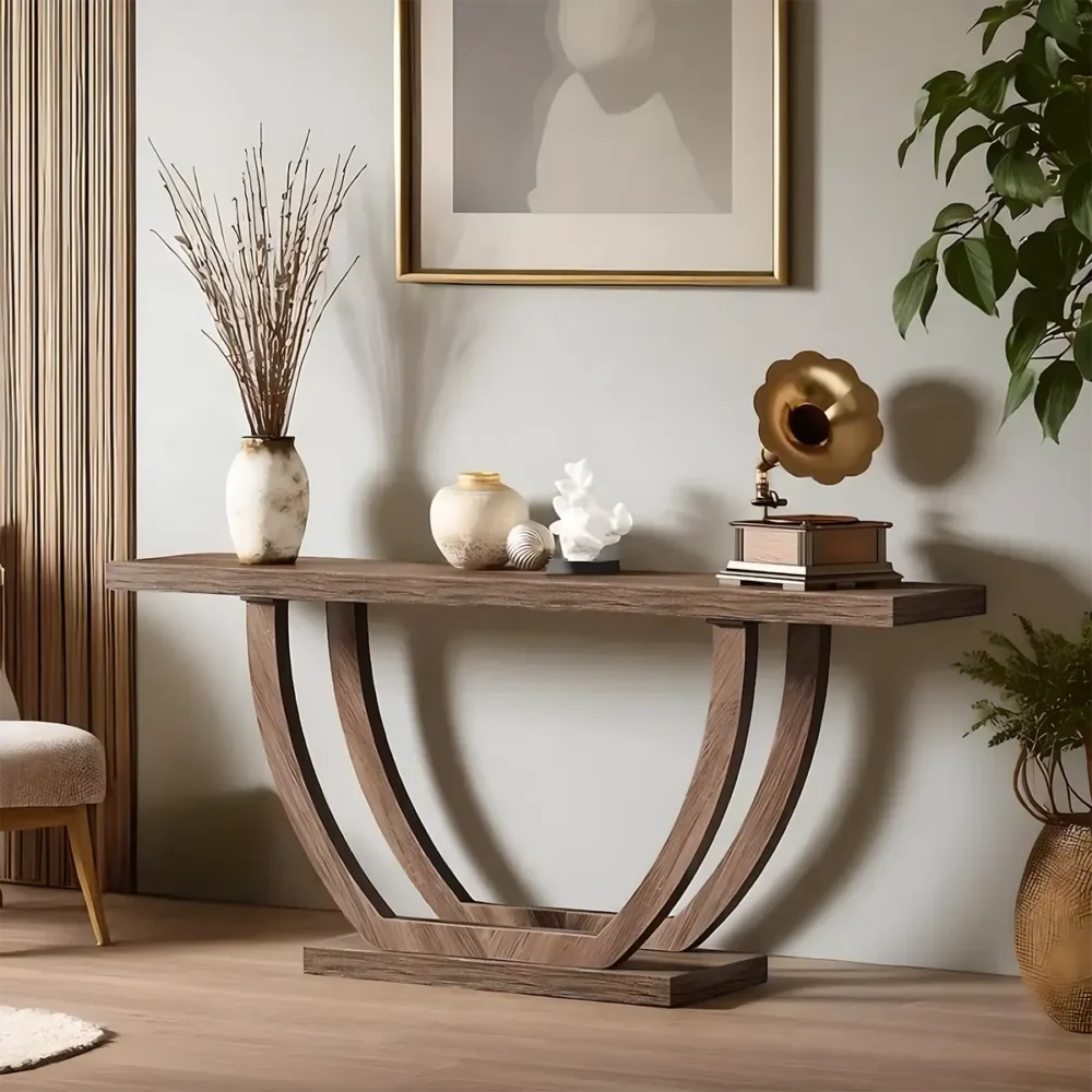 Hallway Table Wood Symmetric Curved Legs Modern - Image 3