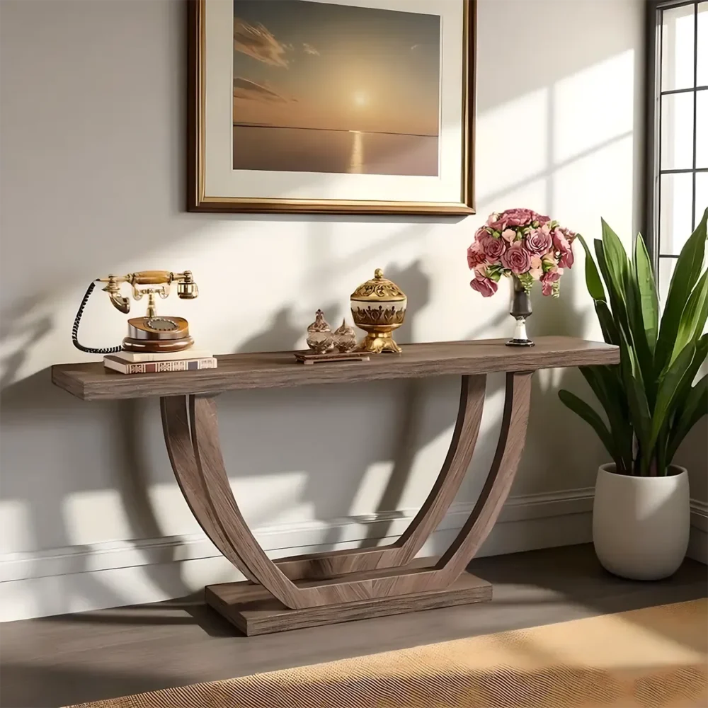 Hallway Table Wood Symmetric Curved Legs Modern - Image 4